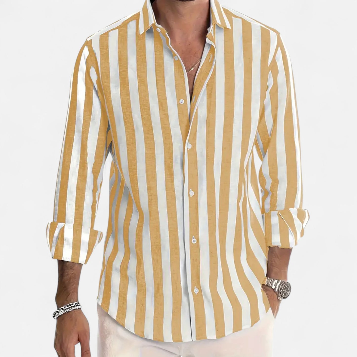 Riveromode | Men’s Striped Cotton-Linen Dress Shirt