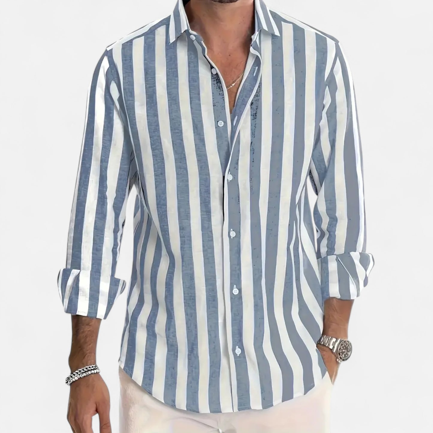 Riveromode | Men’s Striped Cotton-Linen Dress Shirt