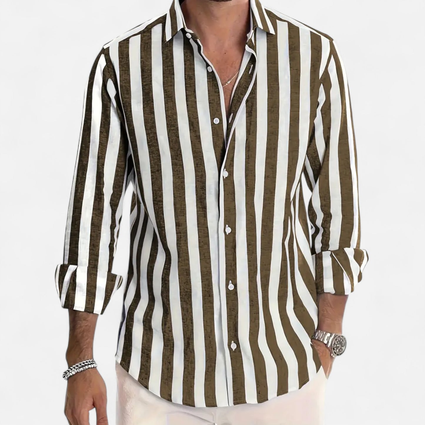 Riveromode | Men’s Striped Cotton-Linen Dress Shirt