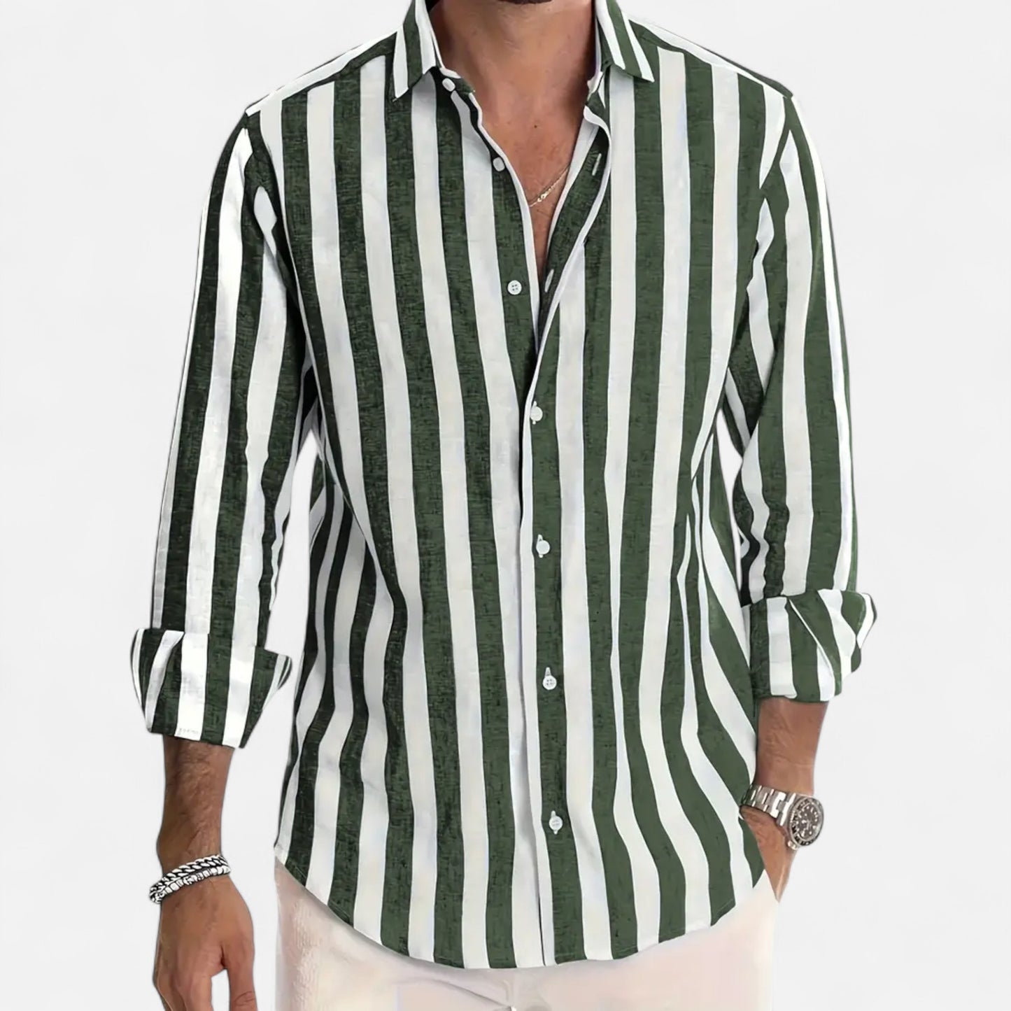 Riveromode | Men’s Striped Cotton-Linen Dress Shirt