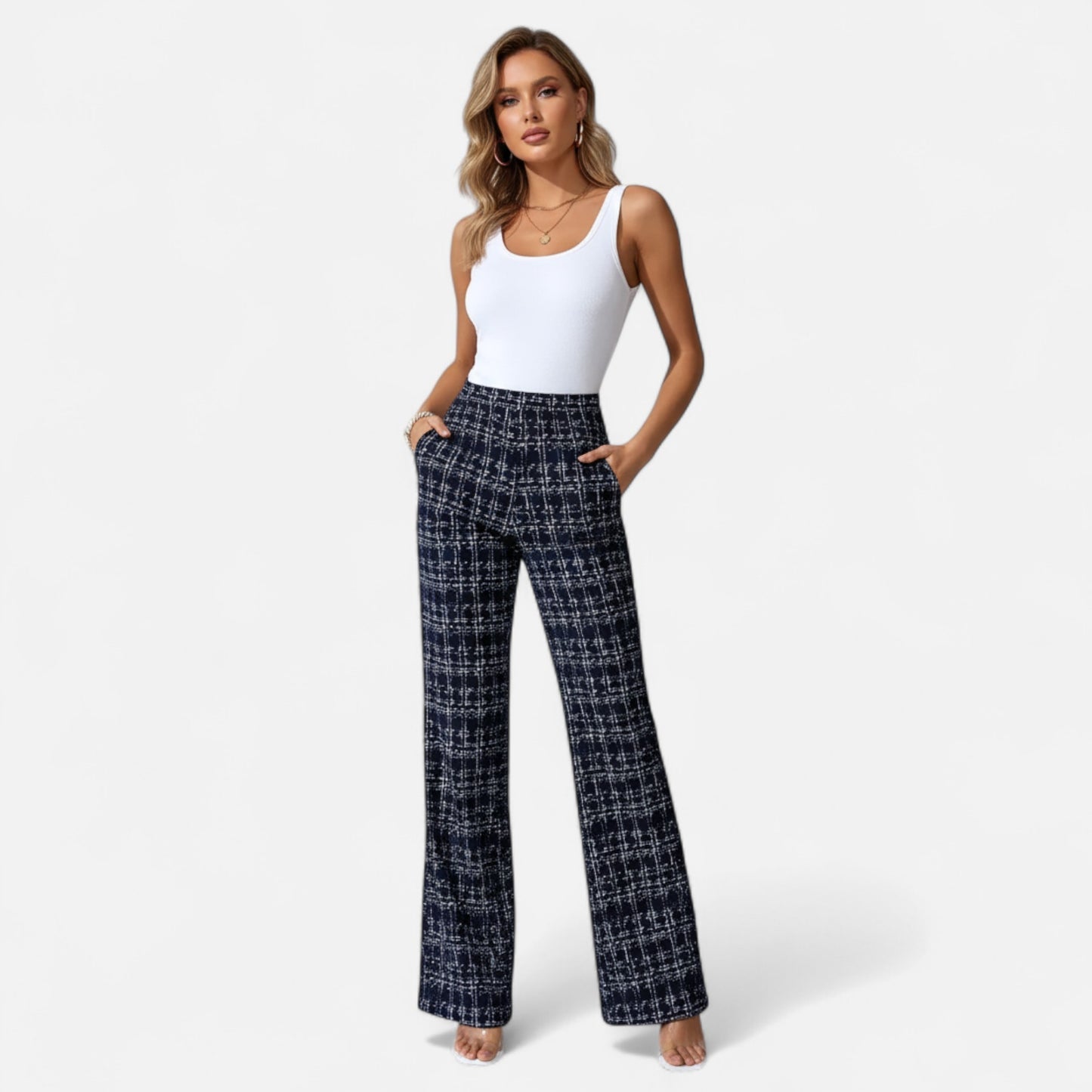 Riveromode | Women’s High-Waist Checkered Straight Leg Trousers