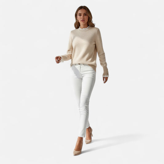 Riveromode | Women’s Elegant Crew Neck Jumper in Beige with Lace Detail