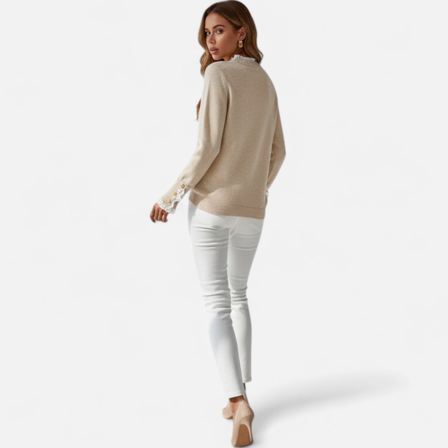 Riveromode | Women’s Elegant Crew Neck Jumper in Beige with Lace Detail