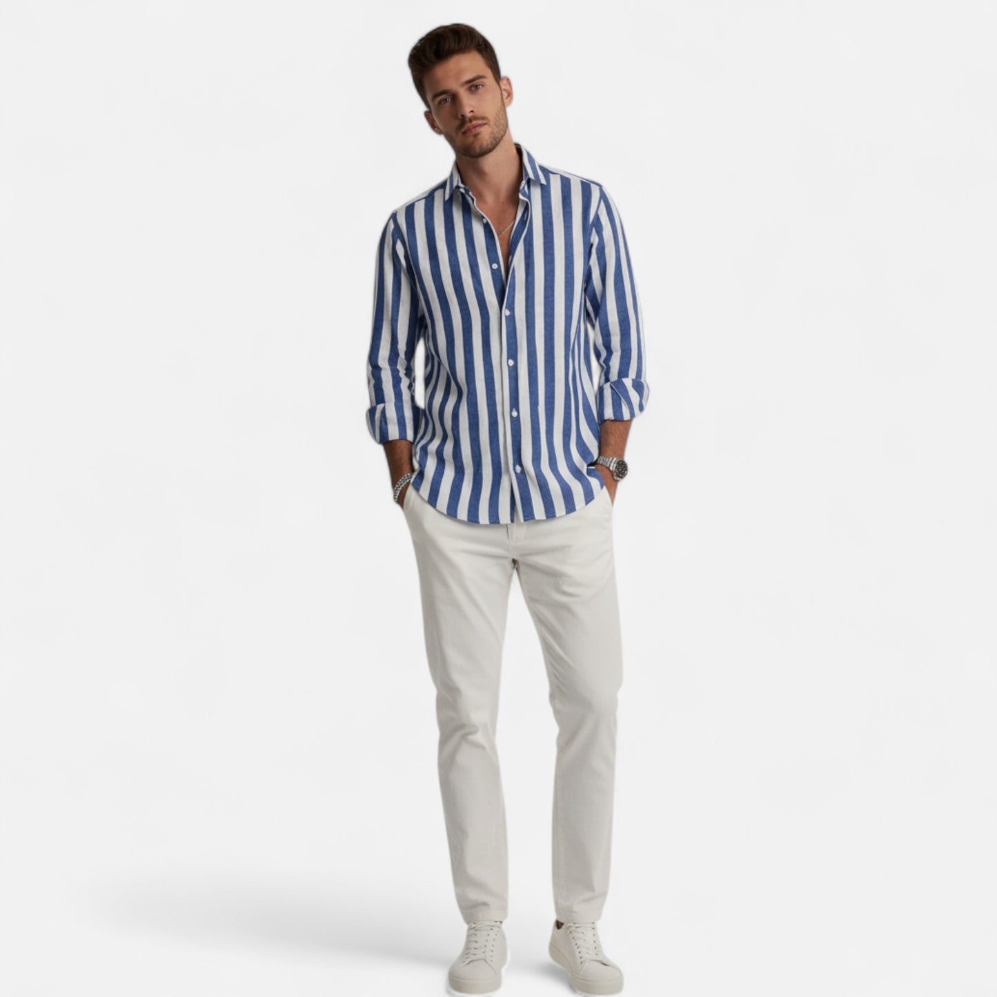 Riveromode | Men’s Striped Cotton-Linen Dress Shirt