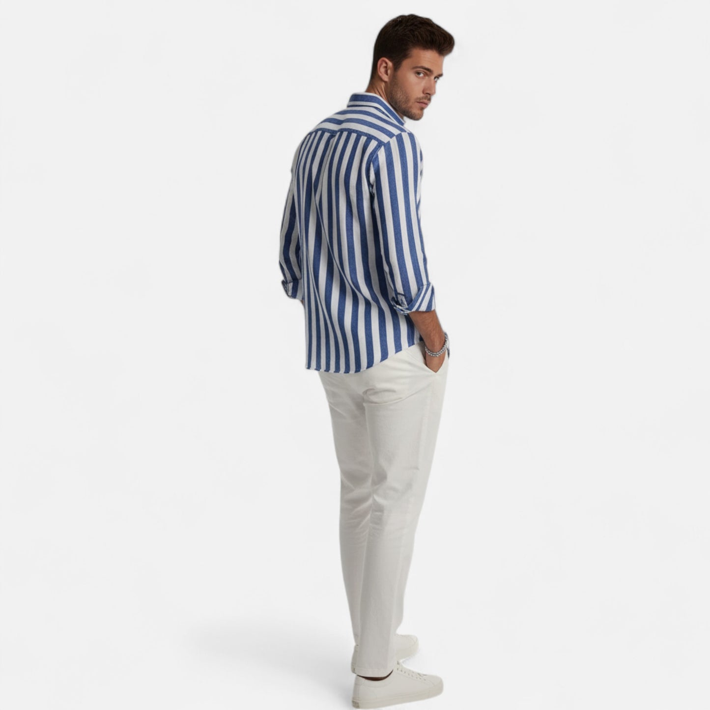 Riveromode | Men’s Striped Cotton-Linen Dress Shirt