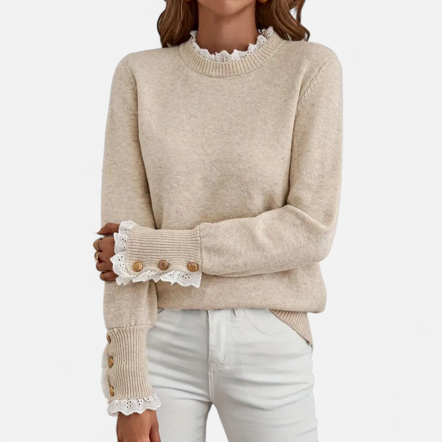 Riveromode | Women’s Elegant Crew Neck Jumper in Beige with Lace Detail