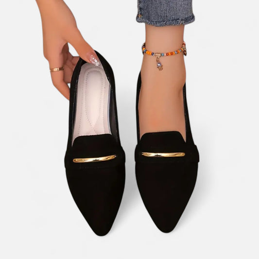 Riveromode | Women’s Red Loafers – Pointed Toe Gold Accent