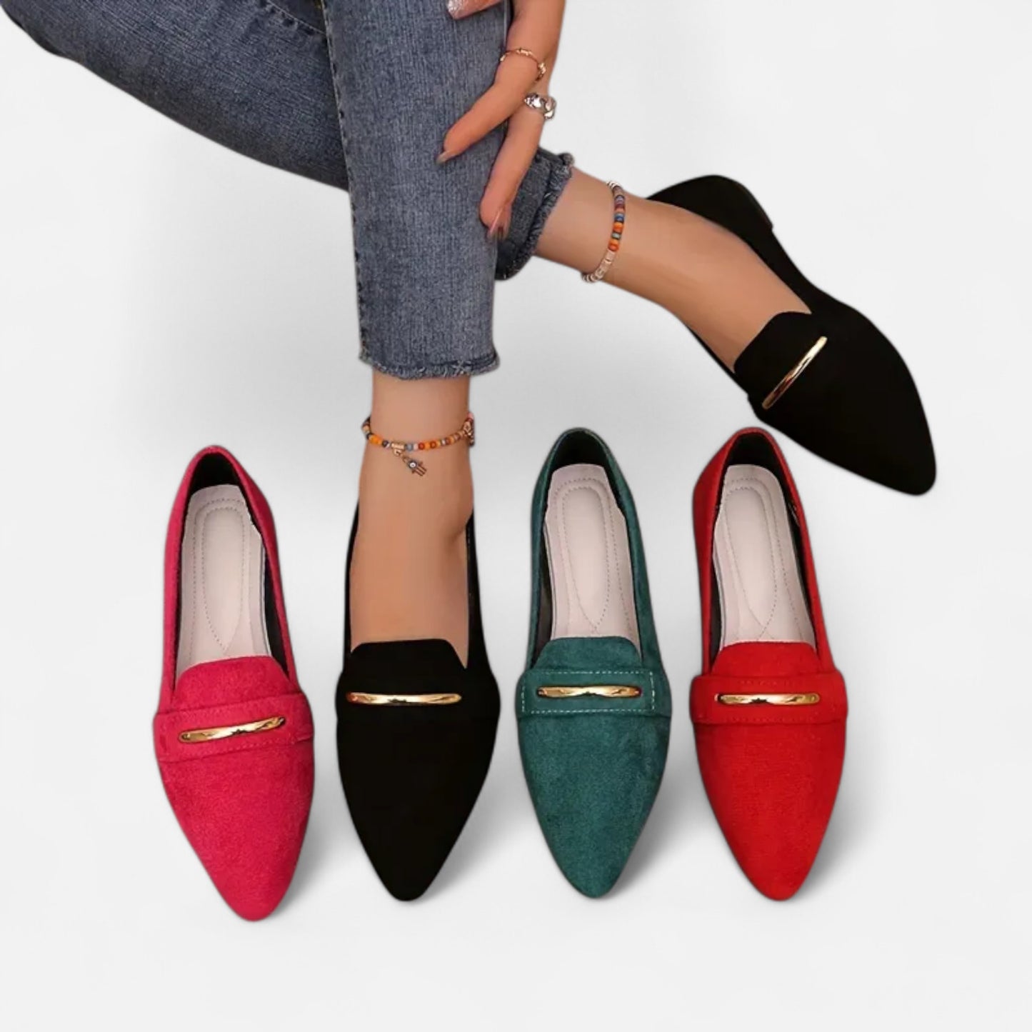Riveromode | Women’s Red Loafers – Pointed Toe Gold Accent