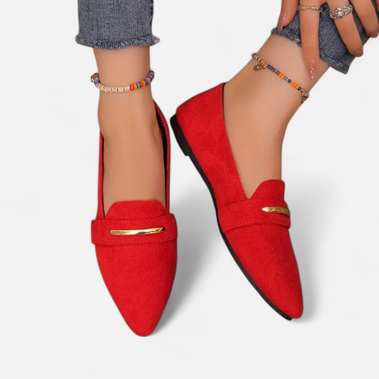 Riveromode | Women’s Red Loafers – Pointed Toe Gold Accent