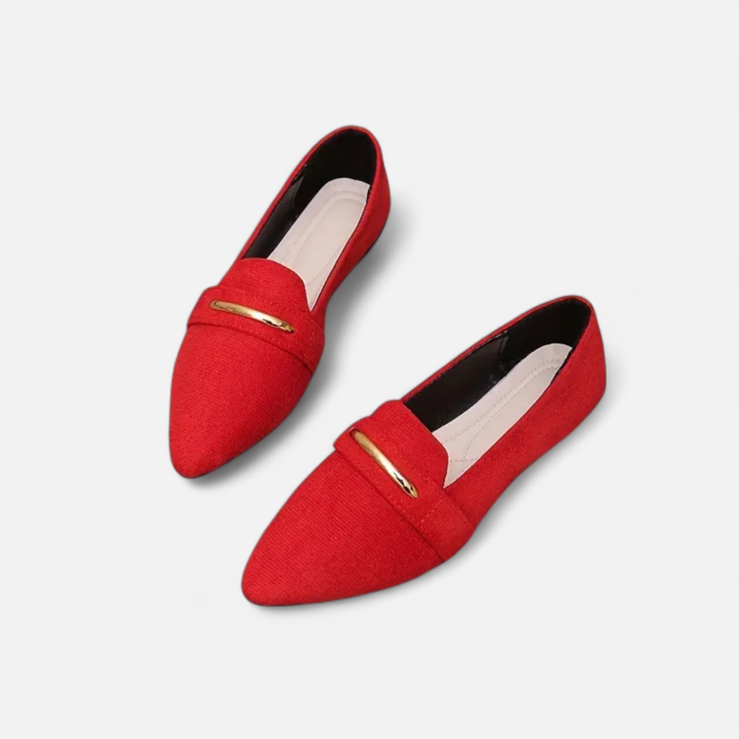 Riveromode | Women’s Red Loafers – Pointed Toe Gold Accent