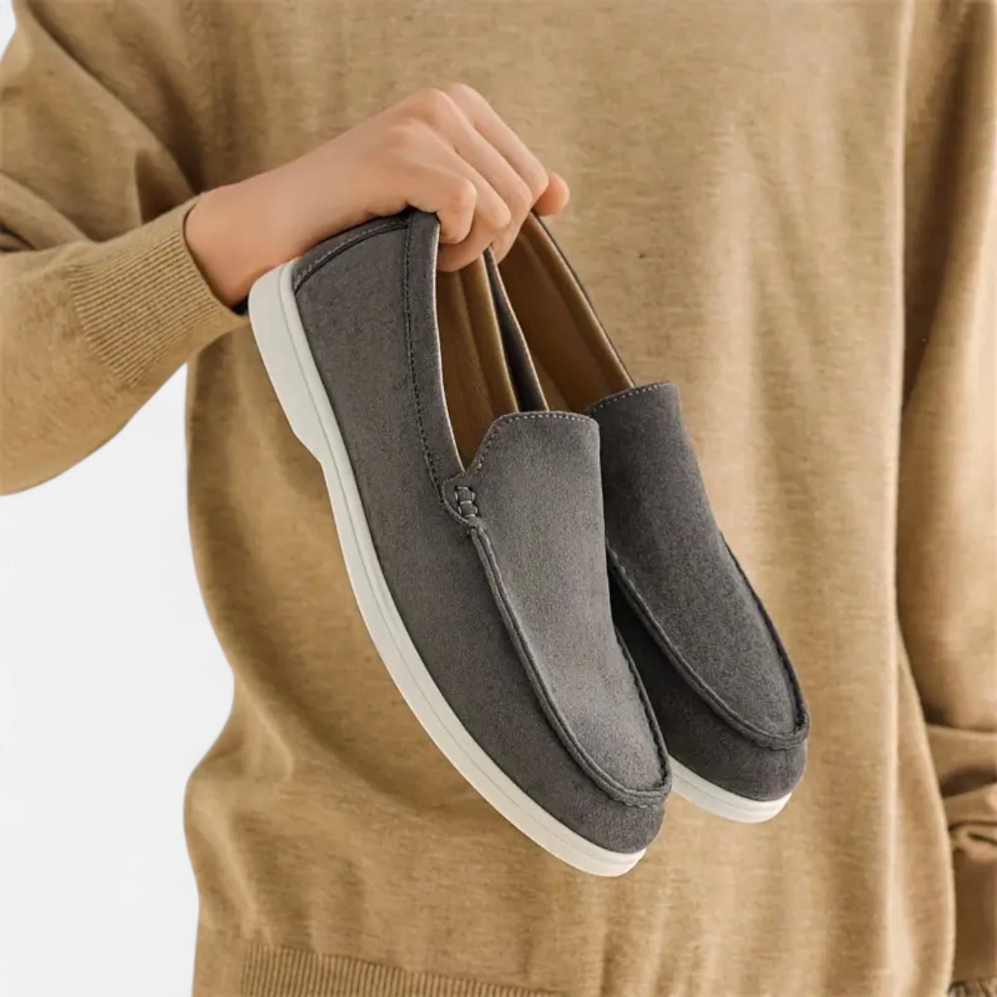 Riveromode | Men’s Suede Slip-On Loafers – Casual White Sole Style