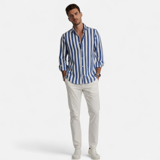 Rivero Mode | Men’s Striped Cotton-Linen Dress Shirt