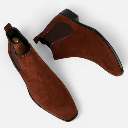 Riveromode | Men’s Chelsea Boots – Beige, Black & Brown Suede Elegance