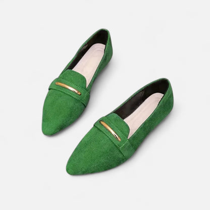 Riveromode | Women’s Red Loafers – Pointed Toe Gold Accent